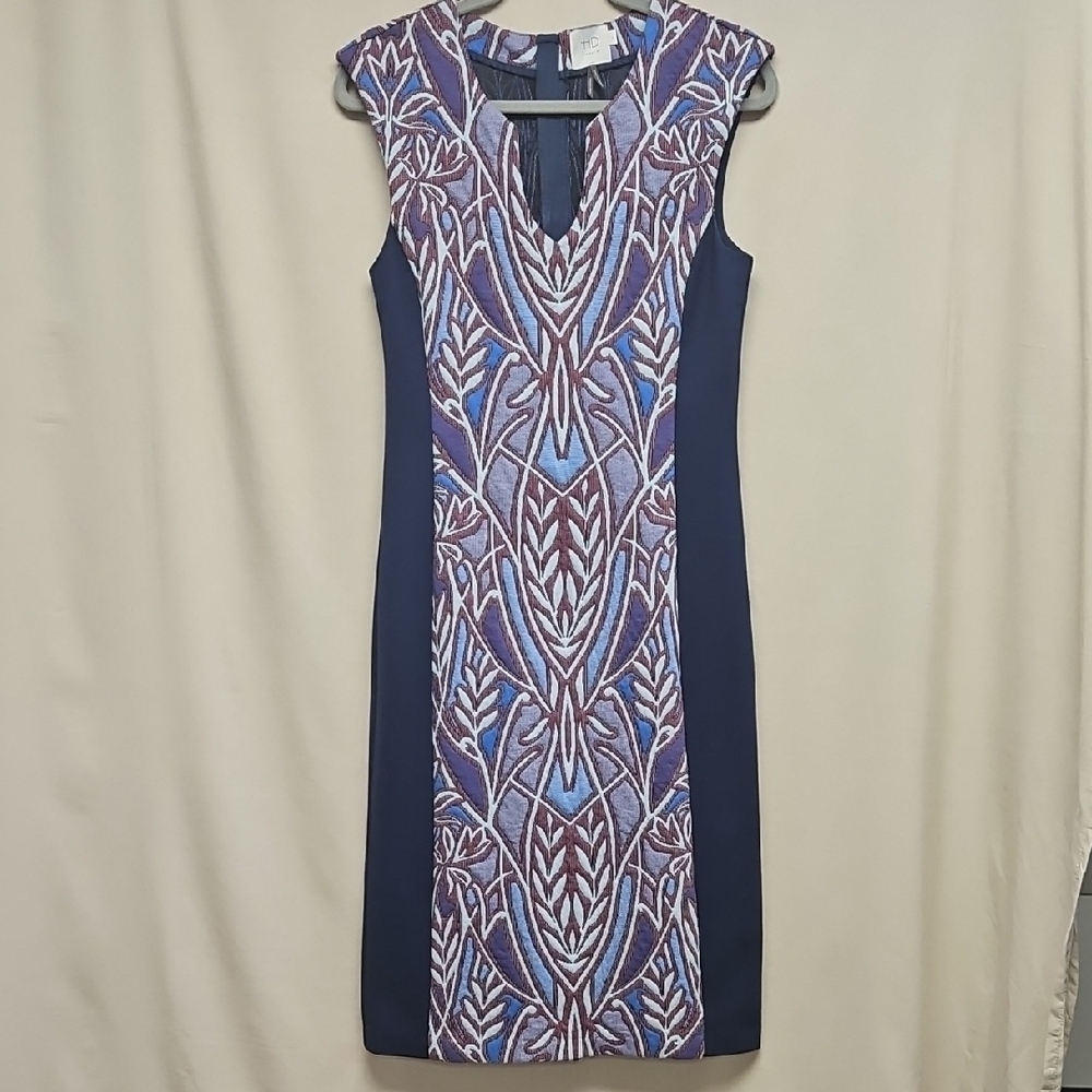 HD in Paris Anthropologie Sheath Dress Size 6 Blue Art Deco Knit Midi